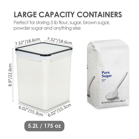 4 Pack Big Food Storage Canisters 5.2L Airtight BPA Free Plastic For Flour Sugar Rice With Lids Includes 4 Measuring Cups And 24 Labels Pantry Organization Black shown with sugar bag