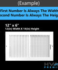 Illustration showing example 12x6 air grille dimensions with instructions, unrelated to 20 Inch By 6 Inch 2 Way Vertical Air Supply Grille Vent Cover Diffuser With Flat Stamped Face White Finish Heavy Duty Steel Build No Sharp Edges Easy Mount Outer Frame Measures 21.75 By 7.75.