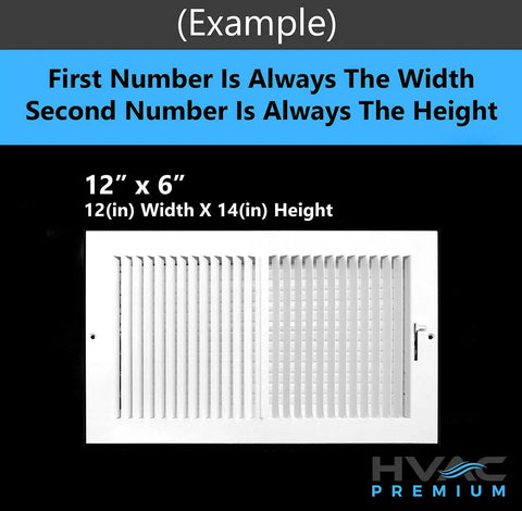 Illustration showing example 12x6 air grille dimensions with instructions, unrelated to 20 Inch By 6 Inch 2 Way Vertical Air Supply Grille Vent Cover Diffuser With Flat Stamped Face White Finish Heavy Duty Steel Build No Sharp Edges Easy Mount Outer Frame Measures 21.75 By 7.75.