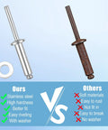 Comparison of stainless steel pop rivet with washer next to a rusted rivet, illustrating quality difference in 450 Pcs 304 Stainless Steel Pop Rivets With Washers Kit In 8 SAE Sizes Including 1/8 Inch 3/16 Inch And 1/4 Inch Blind Rivets For DIYers Home Auto And Metal Repairs.