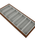 Keep Your Shades Neat In This Slick Wooden Sunglasses Holder Tray Featuring Plush Gray Velvet Lining And Seven Roomy Slots For Secure Eyewear Organization At Home.