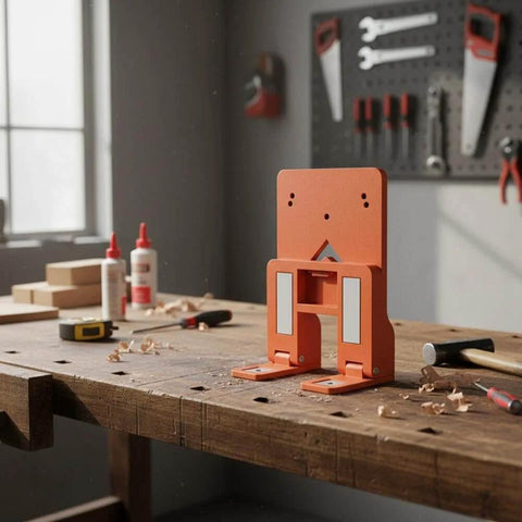 Cabinet Door Hinge Spacer Kit With Magnetic Drill Guide For 35mm Hinges ABS Hinge Jig With Double Sided Magnets on workbench.