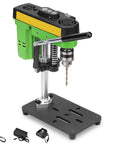 Mini Bench Drill Press Countertop Drilling Machine High Precision Low Noise Operation For Jewelry Making Metal And Wood Working Projects With Precise Depth Scale And Secure Clamping Vice For Easy Use, close-up view showing drill and base.