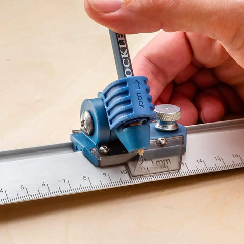 9 Inch Quick Draw Marking Gauge For One Hand Operation With Spring Loaded Pencil Carriage And Dovetail Keyway in use