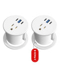 Recessed Power Strip Two Pack Desk Grommet Outlet 2.5 Inch Ten Foot Cord triple USB fast charging hub with white finish.