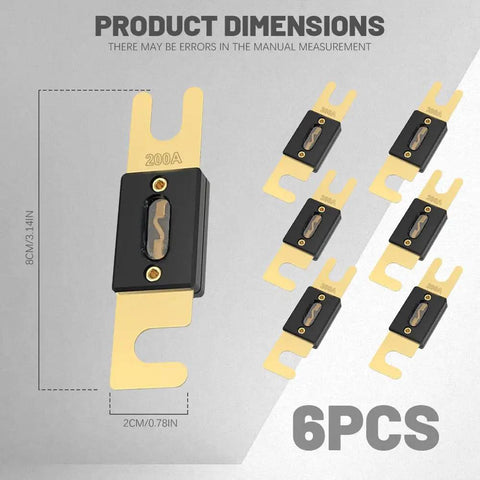 Heavy Duty 200 Amp ANL Blade Fuses With Gold Plated Contacts For Marine Car Audio Systems And Vehicle Inverters, dimensions displayed.