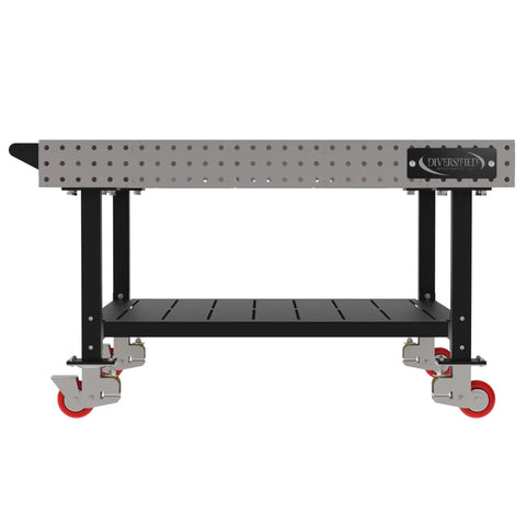 Hella Sturdy Heavy Duty Welding Fixture Table With Precision Laser Cut Industry Standard Holes And Locking Swivel Casters 60X60X36 Includes Shelf And Handle Made In Usa Silver side view showing caster wheels and support shelf.