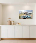 Blue Pickup Truck Wall Art For Farmhouse Decor 16x24 Rustic Canvas Print With White Daisies Barn Scene Countryside Cozy Rustic Vibe