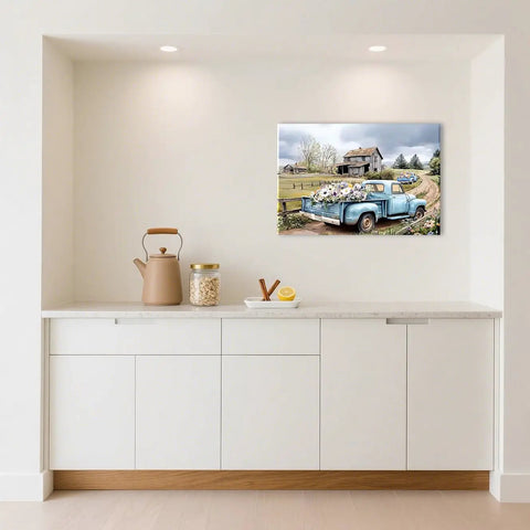 Blue Pickup Truck Wall Art For Farmhouse Decor 16x24 Rustic Canvas Print With White Daisies Barn Scene Countryside Cozy Rustic Vibe