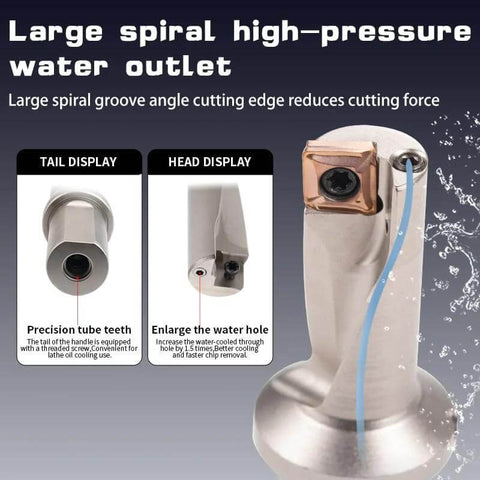 All-in-one drilling and boring tool, front view, metal with water outlet hose