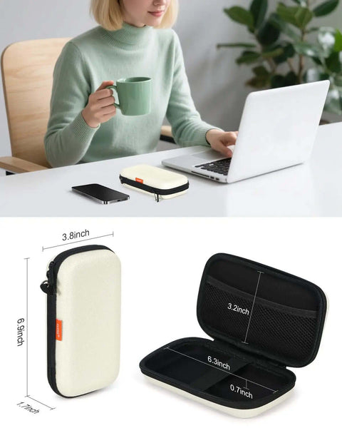 Small Hard Shell Tech Organizer Pouch Portable Carrying Case for Electronics Built Workhorse Grade yet Light on a desk with a laptop and phone.