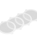 Sanpyl 50Pcs Shower Drain Hair Catcher Fiberglass Dense Mesh (50 Pieces) in a set of four circular white mesh hair catchers.