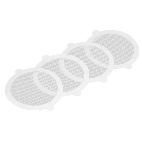 Sanpyl 50Pcs Shower Drain Hair Catcher Fiberglass Dense Mesh (50 Pieces) in a set of four circular white mesh hair catchers.