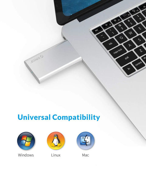 Turn Your Spare mSATA Drive Into a Pocket USB 3.0 SSD With No Cable Required plugged into laptop, showing compatibility icons