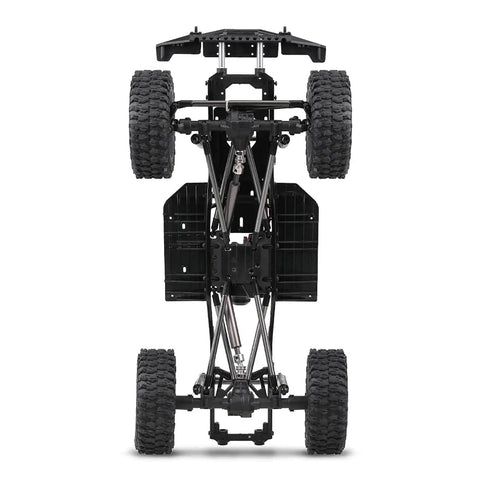 Bottom view of 313mm Wheelbase Chassis Frame With Tires For 1 To 10 Scale SCX10 II 90046 90047 RC Crawler DIY Build Kit With Brushed 540 35T Motor And Durable Hardened Steel Frame For Tough Trail Crawling, showing steel frame and tires.
