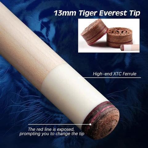Close-up of the 13mm Tiger Everest Tip on Premium Pool Billiard Cue crafted from top grade maple shaft.