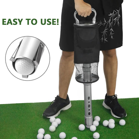 Person using Golf Ball Shag Bag With Detachable Aluminum Tube Holds Up To 70 Balls Ball Retriever on grass with golf balls.