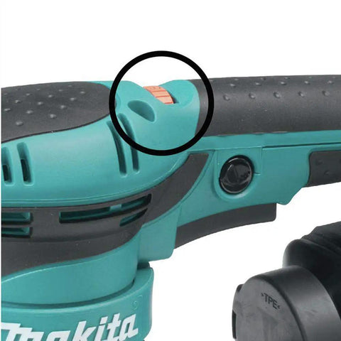Close-up of variable speed dial on 5 Inch Random Orbit Sander With 3 Amp Motor And Variable Speed Dial 4,000 To 12,000 OPM.