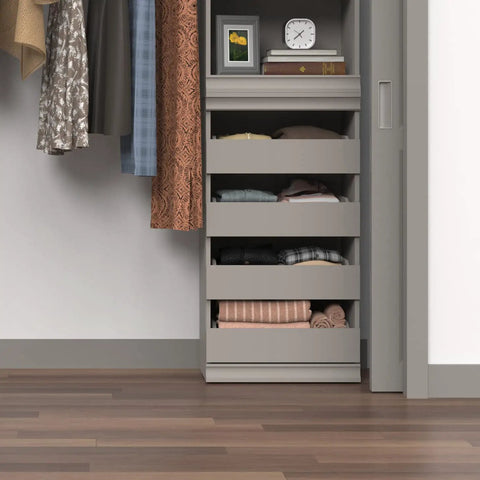 Super Slick Modular Closet Storage Organizer With Four Stackable Drawers In Taupe Decked Out With Decorative Trim And A Solid Back Panel For A Gotta Have Organized Space Vibe That Stays Tight And Totally Hassle Free