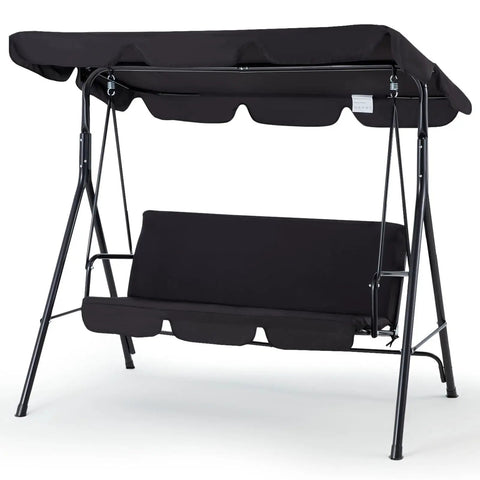Heavy Duty 3 Seat Patio Swing With Removable Cushions, Adjustable Canopy And Smooth Glider Motion For Garden, Poolside Or Backyard, Built To Last Steel Frame Keeps Up To 450 Pounds, Black. Visible: powder-coated steel frame, black fabric.
