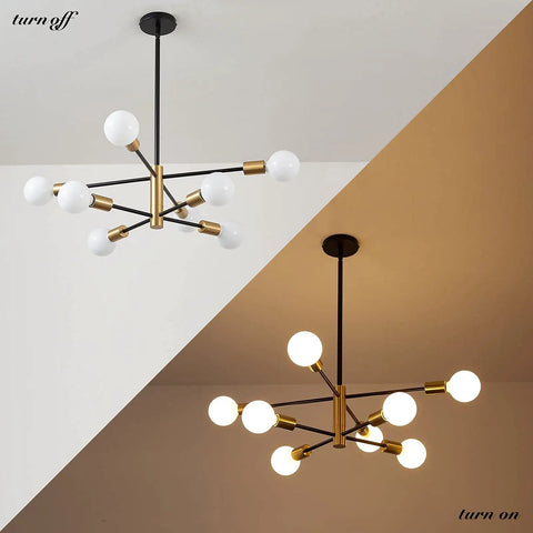 Dope Black And Gold Sputnik Chandelier 8 Light Modern Ceiling Fixture With Height Adjustable Rods, shown on and off
