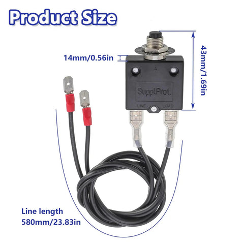 Dimensions of Resettable Fuse Circuit Tester for HVAC Breakers, 3 Amp and 5 Amp, UL Rated, showing line and load terminals.