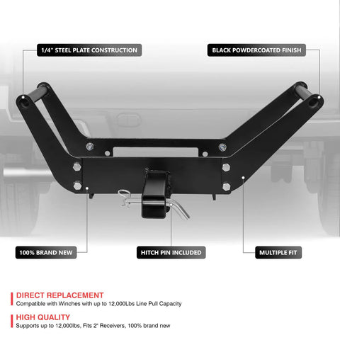 Foldable Cradle Winch Mounting Plate For 2 Inch Class 4 Hitch Receivers With Up To 12000 Lbs Capacity, showing steel construction and hitch pin.