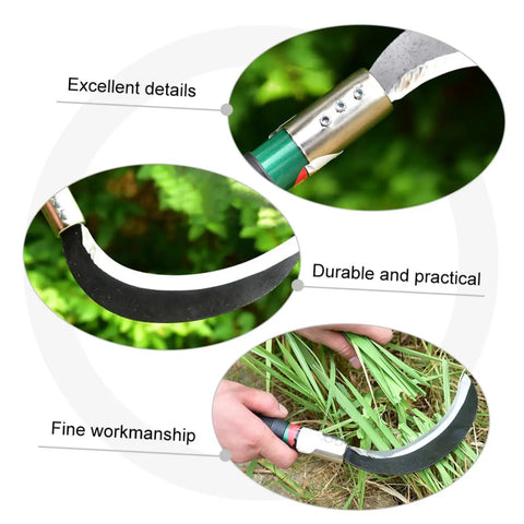 Two Pack Manganese Steel Weeding Sickle Garden Tool Set showing blade details and cutting grass