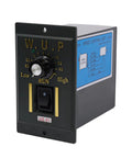 AC 110V speed control unit with black front panel, adjustable dial, RUN switch, and blue schematic label on the side.