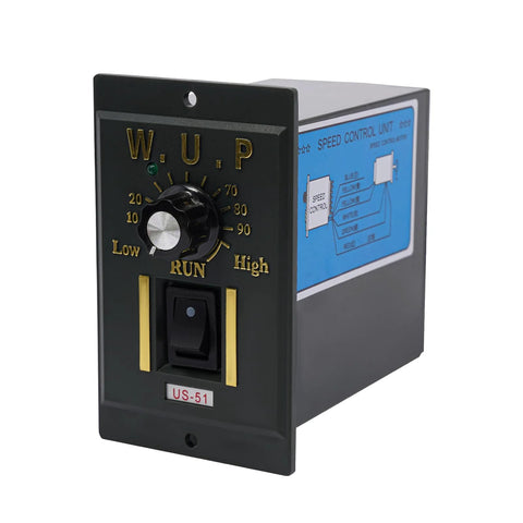 AC 110V speed control unit with black front panel, adjustable dial, RUN switch, and blue schematic label on the side.