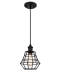 One Light Indoor Mini Pendant With Angled Bell Cage Shade In Matte Black Finish For Retro Vibe Sloped Ceiling Compatible Pendant Light With Adjustable Fifty Inch Cord Nine And A Quarter Inch Height And Seven And A Half Inch Diameter