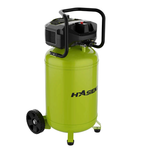 Hasiendea 20 Gallon Vertical Air Compressor, 150 PSI Max Oil-Free With Brushless Motor. Quiet Workshop Unit For Garage Painting, Carpentry, Auto Repair & Nailin'. Includes 4 Piece Tool Bundle Set