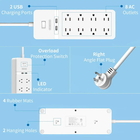 Diagram of 25 Ft Heavy Duty Extension Cord With Flat Plug And 8 Outlet Surge Protector USB Ports 1080 Joules 15A Circuit Breaker