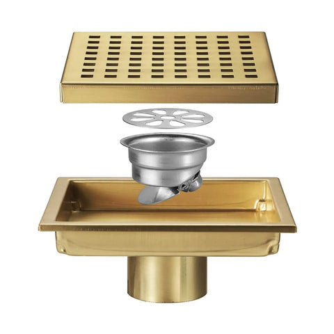 Top Shelf Six Inch Square Shower Floor Drain With Removable Grate And No Sweat Hair Catcher Rust Resistant Stainless Steel Bathroom Tile Drain Cover For Home Showers Matte Black Quick Flip, showing the brass finish and components.