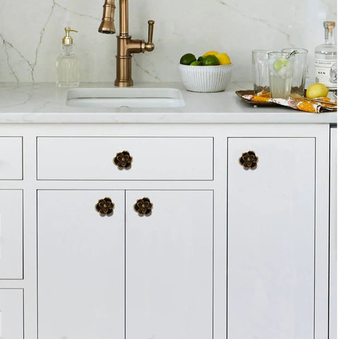 Six Pack Gold Antique Knobs Vintage Floral Flower Handle Cabinet Knobs on kitchen doors and drawer