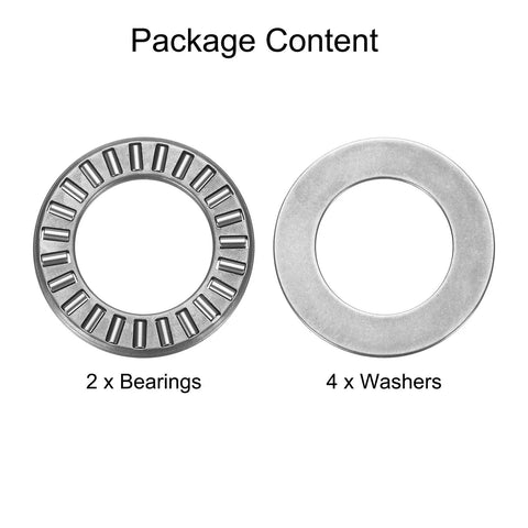 Front view: two thrust needle roller bearings with four chrome steel washers, 3/4 x 1-1/4 x 5/64 inch