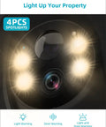 Close-up of Solar Powered Wireless Outdoor Security Camera with 4 spotlight LEDs and lens visible, highlighting features.