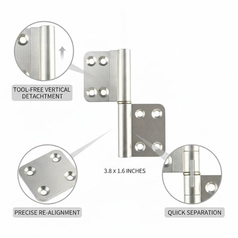 Lift Off Aluminum Door Hinge For Interior Doors, Tool Free Vertical Detachment, 3.8 x 1.6 Inches, Heavy Duty Aluminum