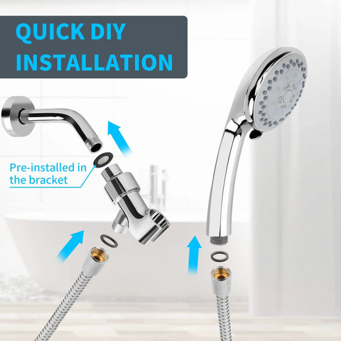 Diagram of High Pressure Handheld Shower Head With 5 Settings, Boss Level Water Flow, 59 Inch Stainless Steel Hose showing DIY installation.