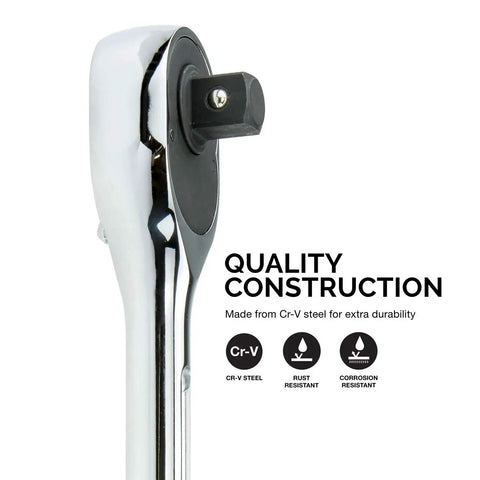 Close-up of chrome Extendable 3/4 Inch Drive Ratchet Handle With 24 Tooth Reversible Ratcheting showing durable Cr-V steel construction.