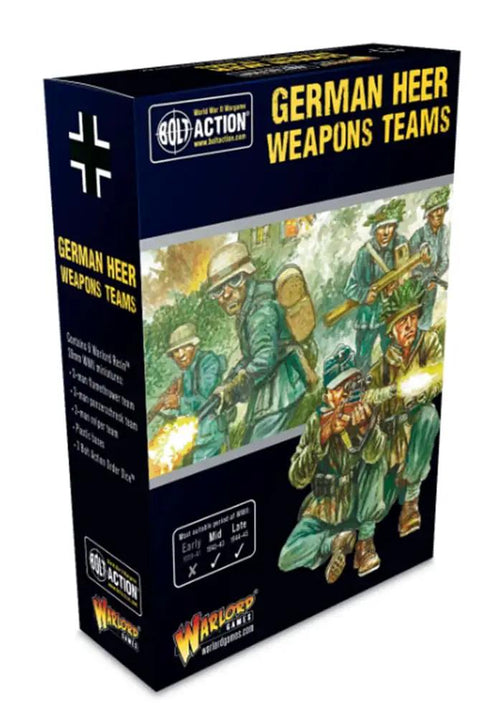 Box set of German Army Weapons Teams 28mm Miniatures for Bolt Action War Gaming Set displayed with Panzerschreck and Sniper artwork