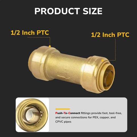 One Way Check Valve 1/2 Inch Slick Push To Connect Brass Fitting for PEX CPVC Copper Pipe showing product size and design.