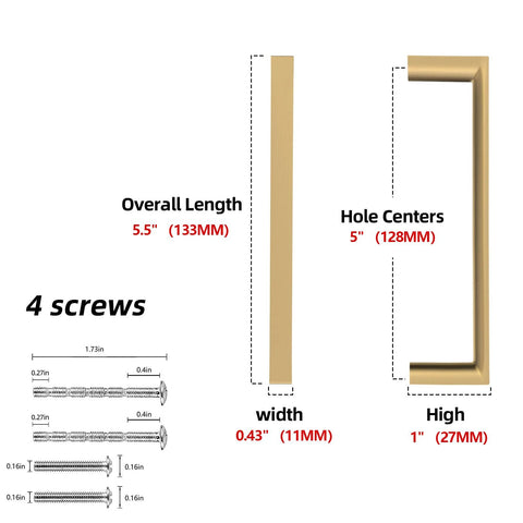 Diagram of Ten Pack Five Inch Champagne Bronze Cabinet Pulls For Kitchen Cabinets with measurements and screws shown.