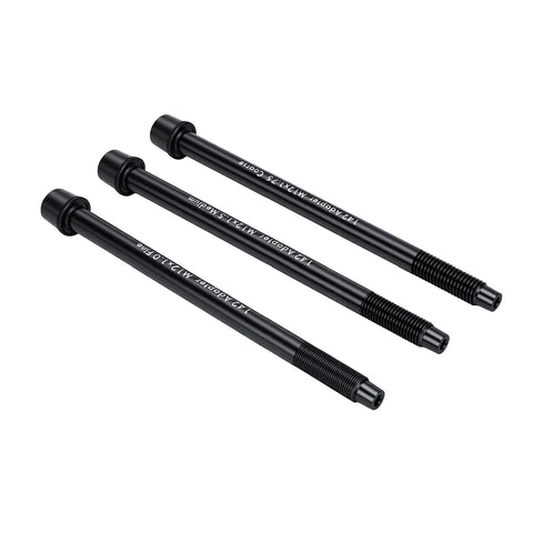 Premium Thru Axle Adapter Kit For Shkalacar Wahoo SNAP With Triple M12 Thread Compatibility And Precision Alloy Steel Build For A Cool Ride. Three black alloy steel adapter axles with M12 threads