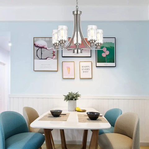 Five Light Modern Chandelier in Brushed Nickel Finish With Clear Hammered Glass Pendants Ready To Hang above dining table