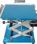 Industrial Grade Electric Scissor Lift Platform Featuring A Heavy Duty Hydraulic Table Built Tough for massive payloads, blue lift table view.