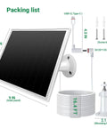 Packing list for 2 Pack 8W Solar Panel Charger For Outdoor Cameras, includes solar panel, cable, USB C ports, and mounts