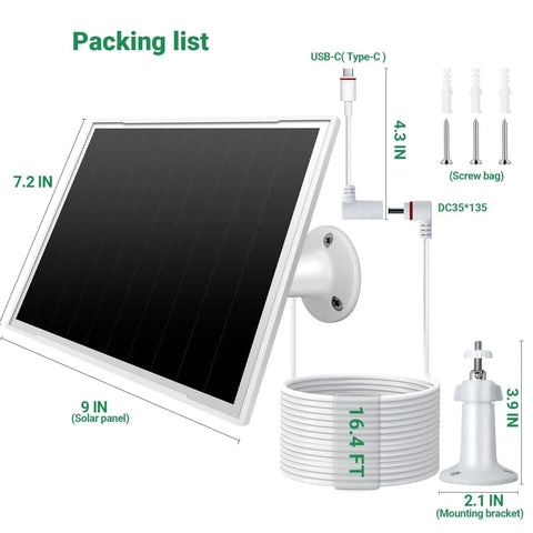 Packing list for 2 Pack 8W Solar Panel Charger For Outdoor Cameras, includes solar panel, cable, USB C ports, and mounts