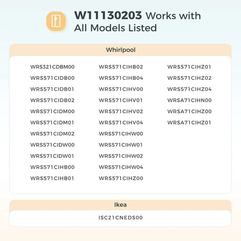 Model compatibility chart for Upgraded Freezer Glass Shelf 11.69 By 9.88 Inches with W11130203 code.