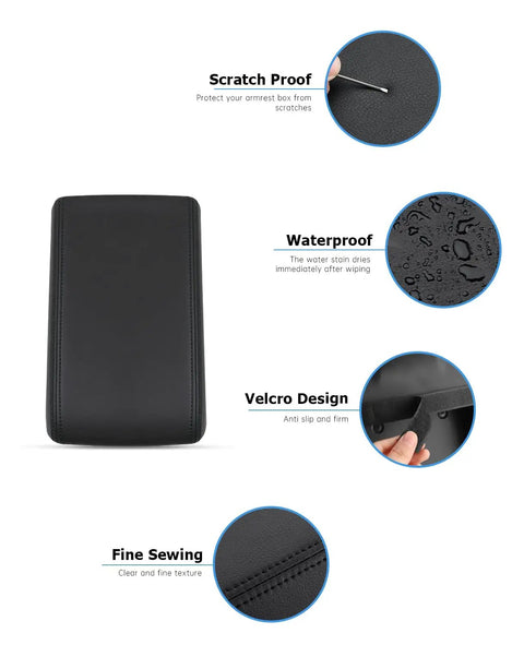 Center Console Cover For Subaru Forester 2025 2026 Leather Armrest Cover with Black Stitches, showing scratch proof, waterproof features.